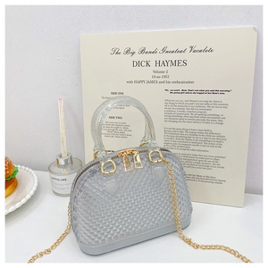 Detailed view of clear jelly handbag with gold hardware and elegant chain strap