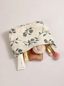 Floral embroidery cotton linen makeup bag showing large capacity for cosmetics