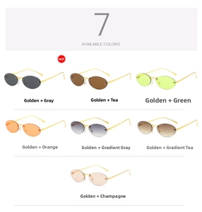 Detailed grid of seven rimless oval sunglasses with metallic gold temples and color lenses