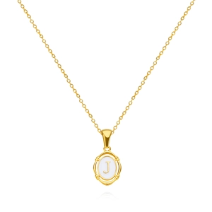 Close-up of gold oval pendant with white enamel inlay and capital letter J detail