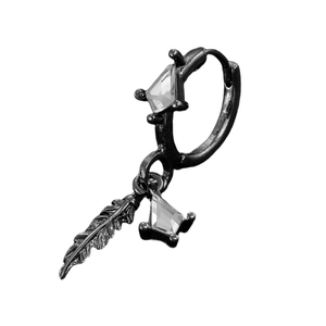 Detail view of black punk feather drop earring with sparkling diamond-shaped zircon stones