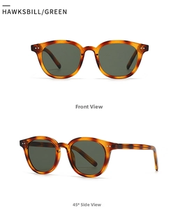 Retro tortoiseshell sunglasses with green lenses shown from front and 45-degree side views