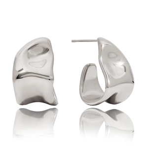 Detailed view of silver square C-shape earrings with a polished 14K stainless steel finish