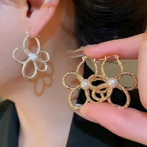 Hollow Flower Textured Artificial Pearl Earrings With 925 Sterling Silver Earring Post Retro Simple Elegant Metal Jewelry For Women