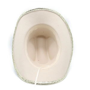 Internal view of beige western cowboy hat featuring gold glitter trim and adjustable strap