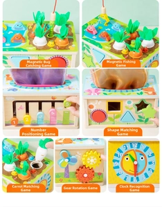 Detailed multi-angle views of wooden busy box with magnetic fishing and clock learning games