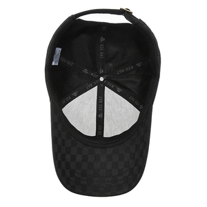 Inside view of a black baseball cap featuring checkered brim and adjustable metal buckle