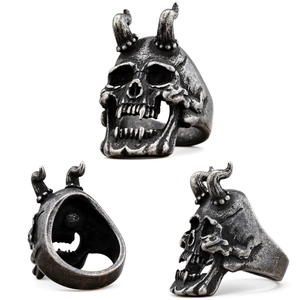 Stainless Steel Horned Skull Ring Demon Skeleton Distressed Heavy Metal Gothic Punk Biker Dark Aesthetic Jewelry For Men