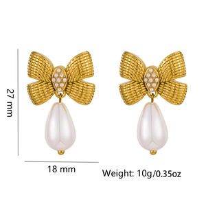 Detailed view of gold bow knot drop pearl earrings with dimensions 27mm by 18mm