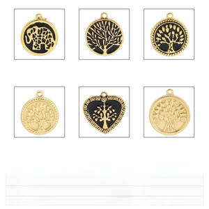 Detailed spec sheet showing stainless steel elephant and tree pendants with size measurements