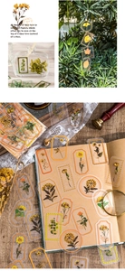 Detailed view of vintage transparent PET botanical stickers used on notebooks and glass jars