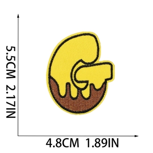 Detailed view of yellow bee letter embroidery patch with dimensions 5.5cm by 4.8cm