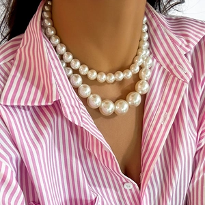 Close-up of double-layered pearl choker necklace with a graduated pearl design