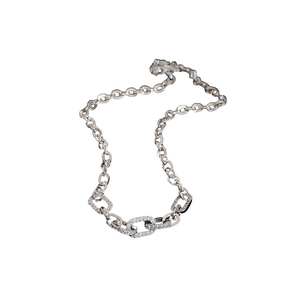 Minimalist silver geometric necklace with sparkling zircon-inlaid rectangular links