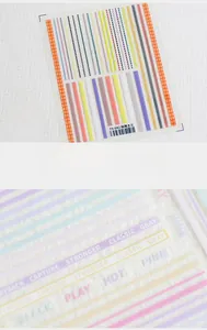 Macro detail of 5D ultra-thin nail art stickers featuring pink stripes and geometric labels