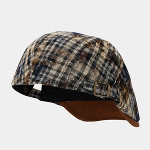 Classic plaid flat cap in brown and blue tweed with side buckle for autumn and winter