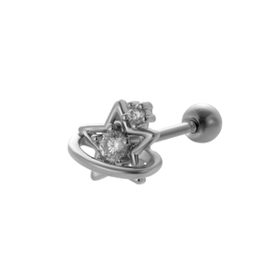 Detailed view of silver star earrings with clear gemstones and round ball back screw