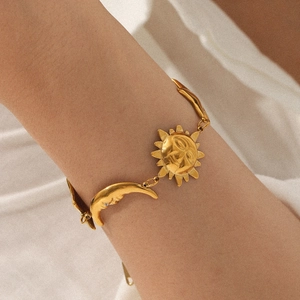 Celestial Sun Moon Star Charm Bracelet 18K Gold Plated Stainless Steel Non-Fading Retro Jewelry For Women