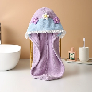 Coral fleece dry hair cap with cute flower decorations and lace trim, highly absorbent towel.