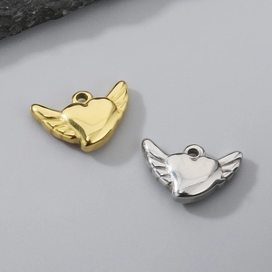 Polished stainless steel heart pendant with angel wings in gold and silver finish