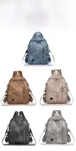 Detail view of large capacity vintage soft leather backpacks in five various color options
