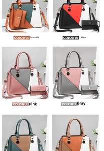 Detailed grid view of stylish multi-color faux leather tote bag and wallet two-piece sets