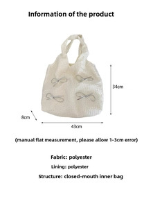 Dimensioni dettagliate della borsa tote bianca con fiocchi argento da 34x43x8cm in poliestere