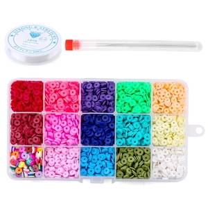 15-compartment organizer box with colorful clay heishi beads, 0.6mm elastic string, and needle