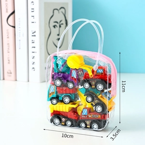 Set of 6 colorful plastic friction-powered construction vehicle toys in a PVC carrying bag