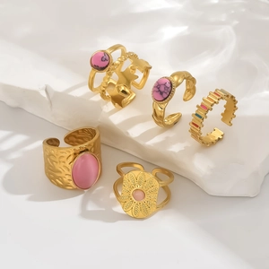 French vintage style 18K gold plated stainless steel ring set with natural pink stones