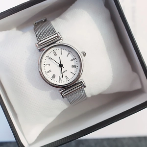 Elegant women's quartz watch with silver mesh band and white Roman numeral dial