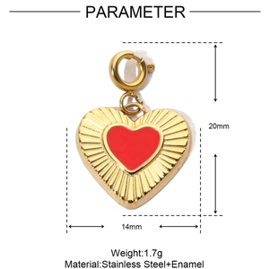 Detail view of red enamel heart pendant with 20mm height and stainless steel material