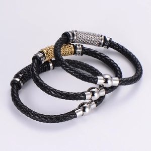 Three braided black leather bracelets with polished gold and silver magnetic steel clasps
