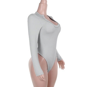 Detail of grey ribbed knit long sleeve bodysuit with button-up round neckline on mannequin