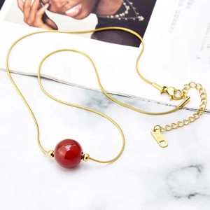 Red Agate Bead Necklace Titanium Steel Snake Bone Chain Gold Plated Elegant Jewelry Lucky Charm Women