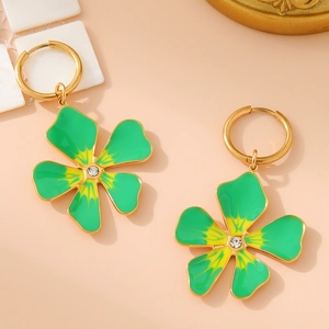 Golden flower earrings with green and yellow enamel and crystal inlays in boho style