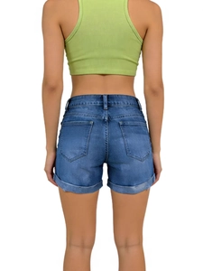 Women's slim fit single-breasted denim shorts with rolled hems and ruffled pockets back view