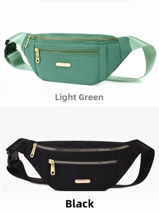 Side view of multi-layer waterproof nylon waist bags in black and green with metal plates