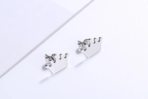 Macro detail of polished silver crown stud earrings showing smooth metallic craftsmanship