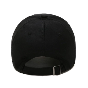 Rear view of black cotton baseball cap for men with adjustable metal buckle strap