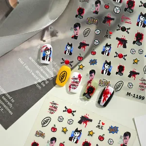 Detail showing Gothic punk nail stickers with blood graffiti and pistol designs