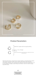 Detail view of gold-plated copper ear cuffs with 0.9cm and 1cm diameter specifications