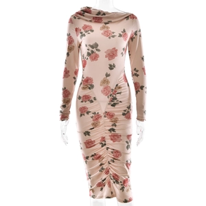 Slim fit floral print dress with long sleeves and pleated body on a white background
