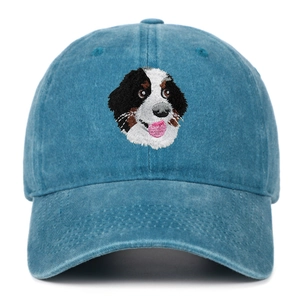 Gros plan de la broderie de Bouvier Bernois sur une casquette en coton bleu délavé