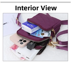 Detailed view of the purple quilted phone bag with three separate zipper compartments