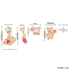 Detail view of 18k gold plated bear earrings set with pink zircon and dimensions
