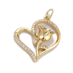Luxury 18K gold-plated heart pendant with zircon-encrusted rose design for jewelry making