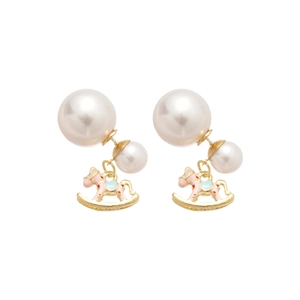 Elegant gold rocking horse pearl earrings with pink and blue enamel accents for women