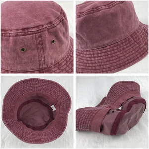 Burgundy washed cotton bucket hat with short brim showing four angles for men and women