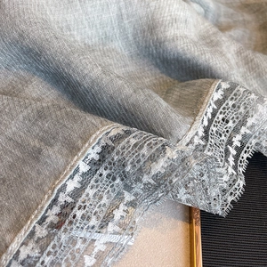 Linen texture gray scarf with elegant white lace trim detail for women